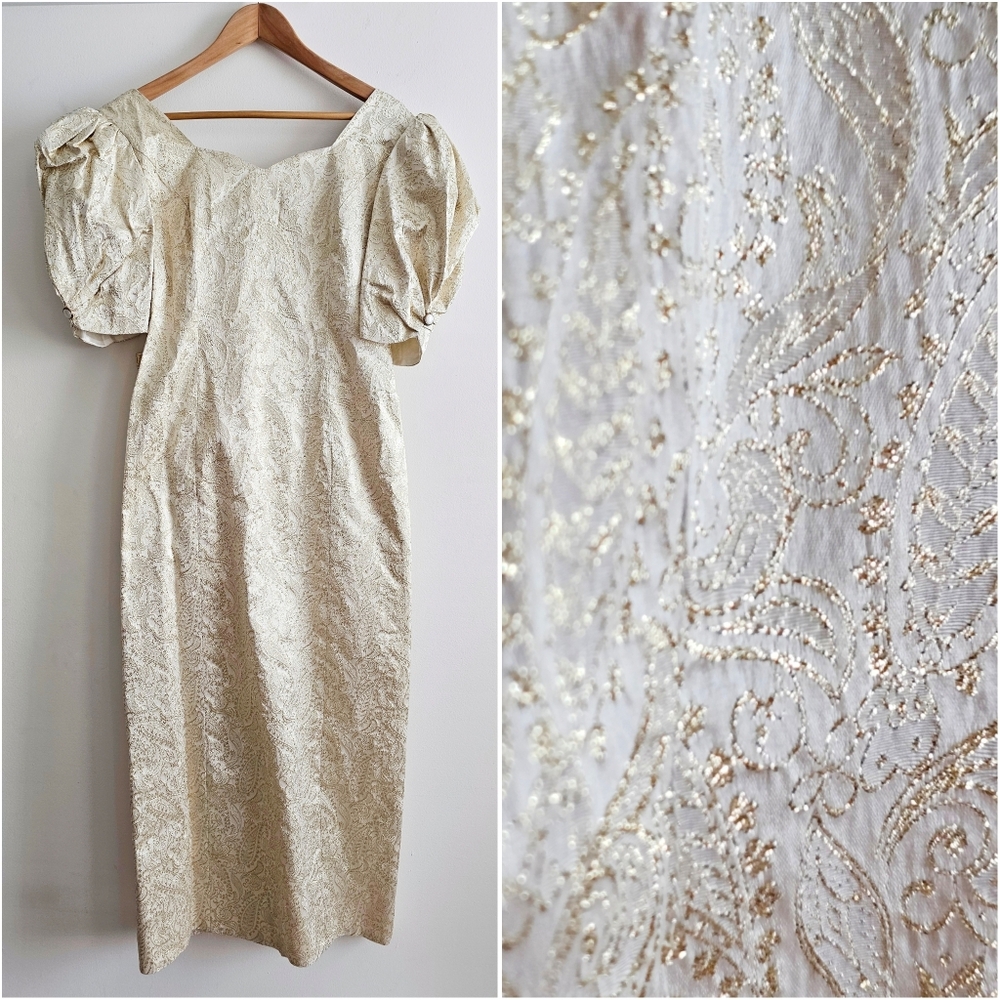 Vintage 80s Handmade Gold Brocade Cocktail Dress Puff Sleeve Statement Bow Back - Picture 4 of 16